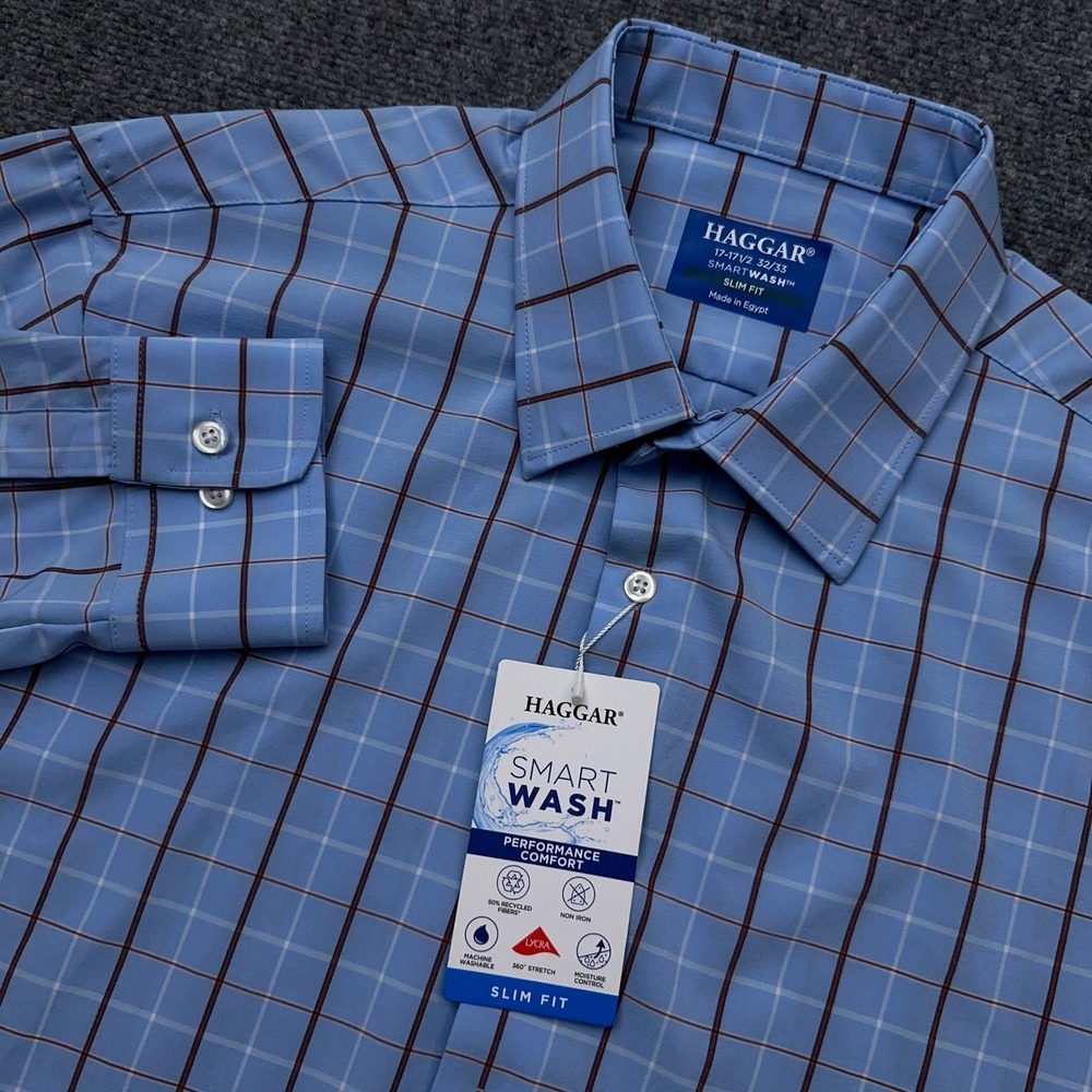 NEW Haggar Dress Shirt Men 17-17.5 32/33 Performance Check Smart Wash Slim Fit